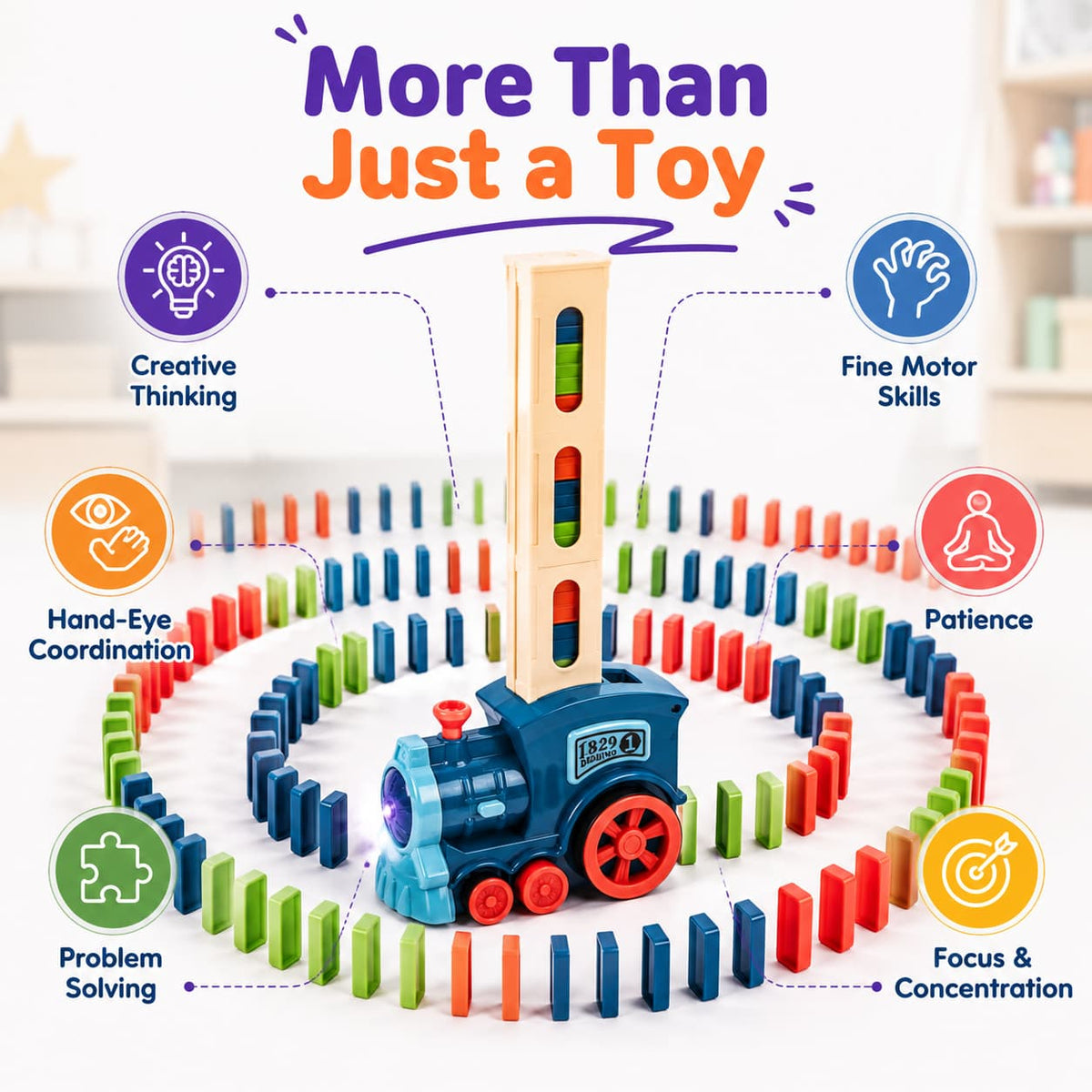 Automatic Domino Train Toy Set | Lights & Sound | 40 Domino Pieces