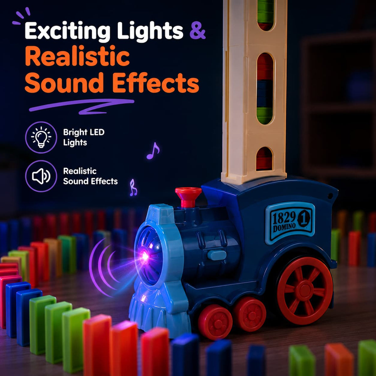 Automatic Domino Train Toy Set | Lights & Sound | 40 Domino Pieces