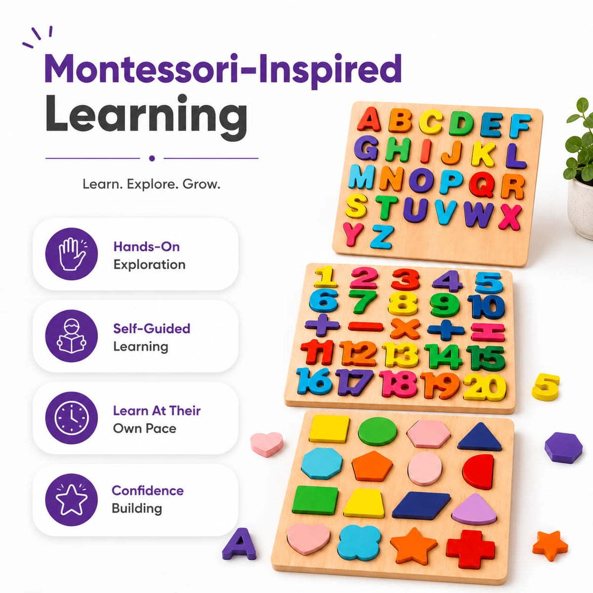 Wooden Alphabet, Numbers & Shapes Learning Board Sets