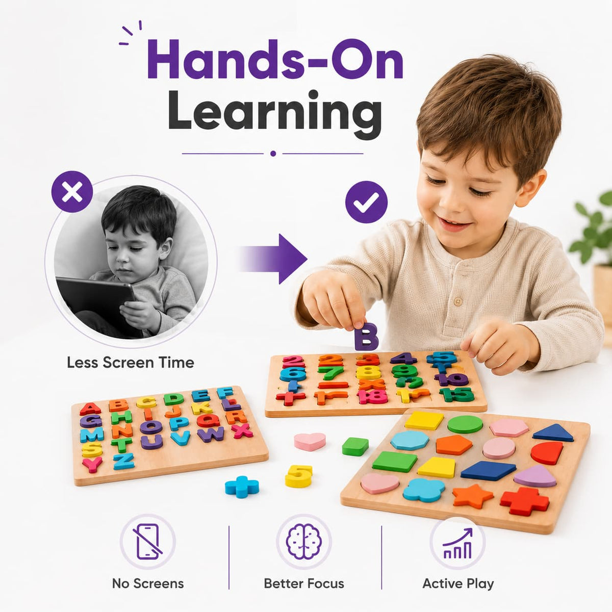 Wooden Alphabet, Numbers & Shapes Learning Board Sets