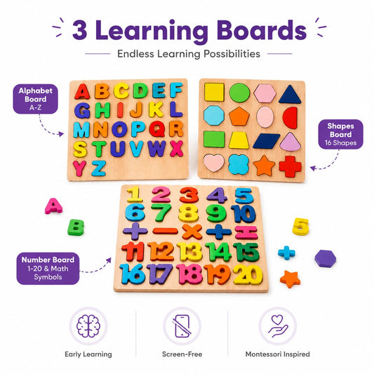 Wooden Alphabet, Numbers & Shapes Learning Board Sets
