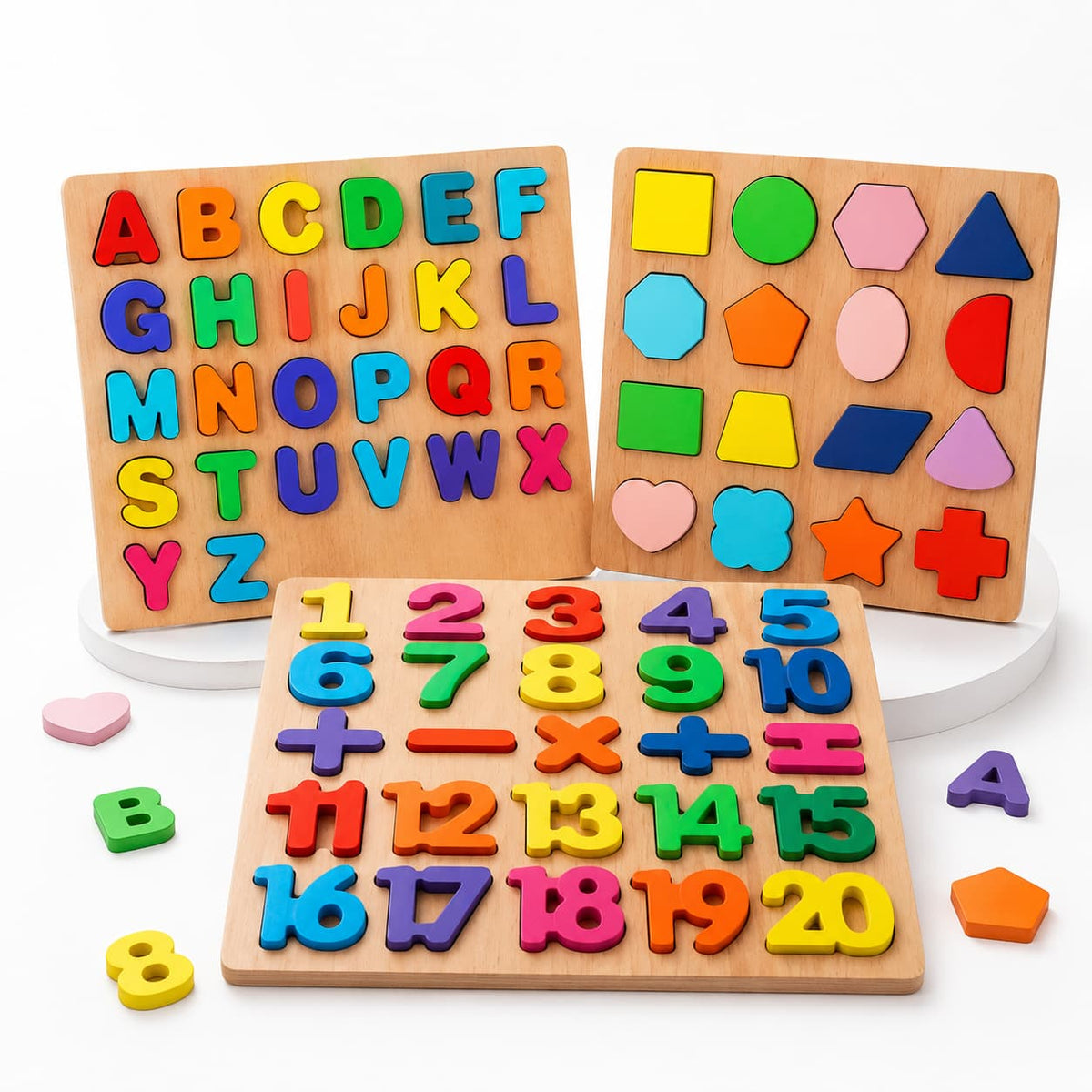 Wooden Alphabet, Numbers & Shapes Learning Board Sets
