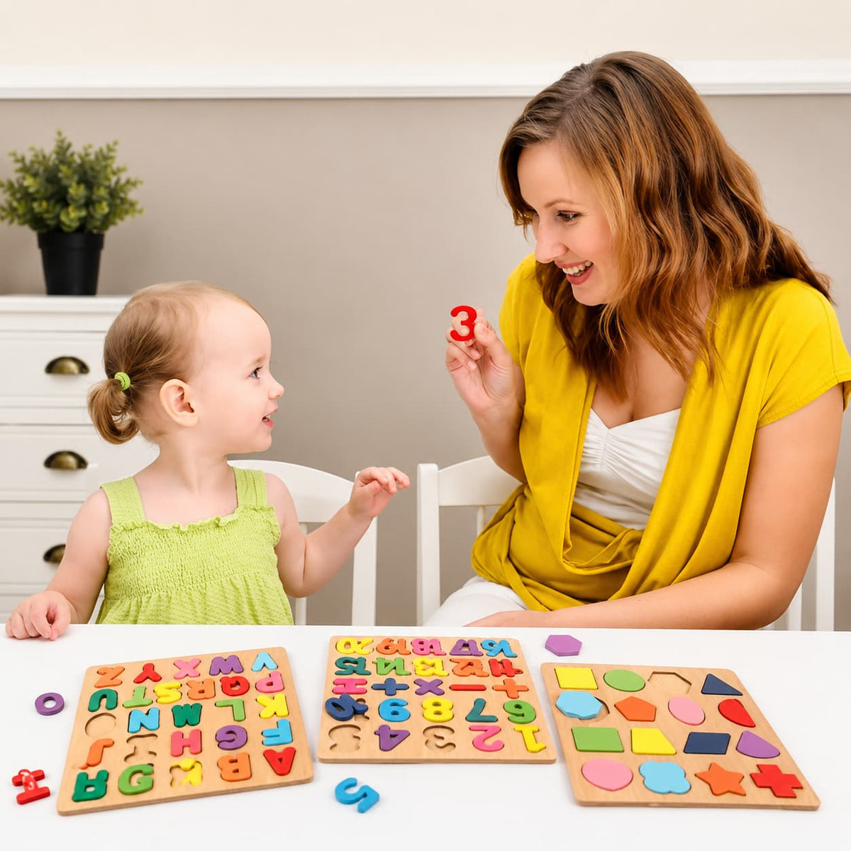Wooden Alphabet, Numbers & Shapes Learning Board Sets