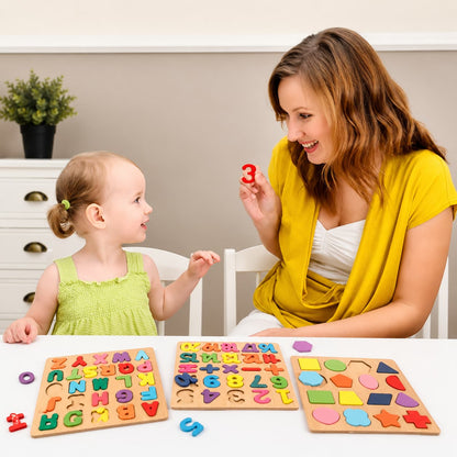 Wooden Alphabet, Numbers & Shapes Learning Board Sets