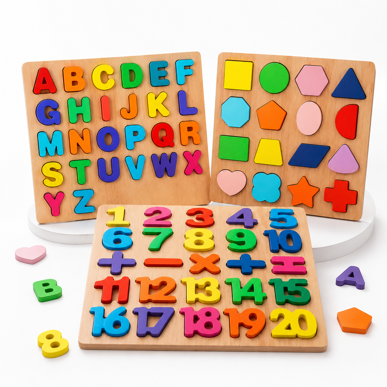Wooden Alphabet, Numbers & Shapes Learning Board Sets